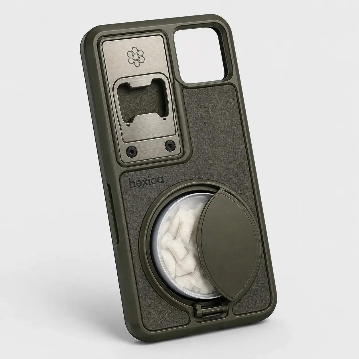 Olive Night Out B.Line rear with bottle opener and nicotine-pouch holder
